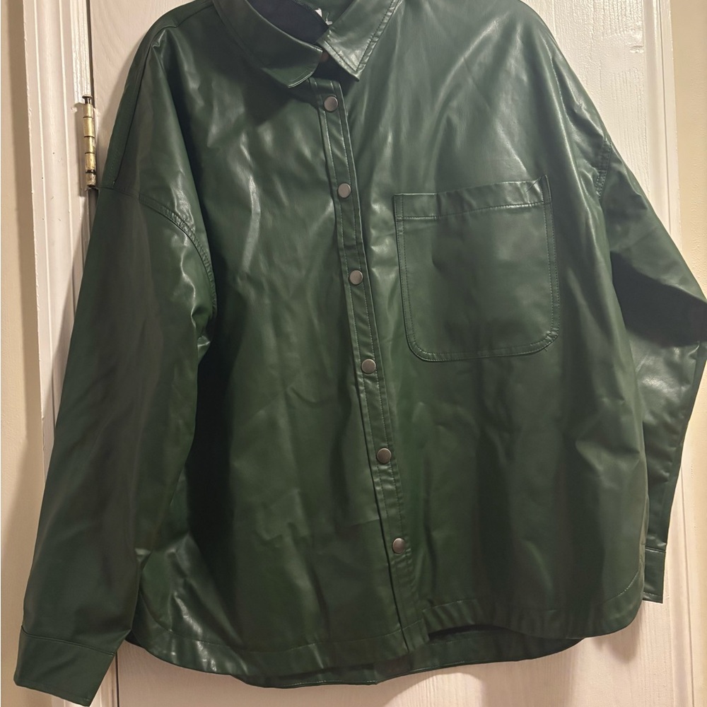 Dark Green Leather Button-Up Shirt